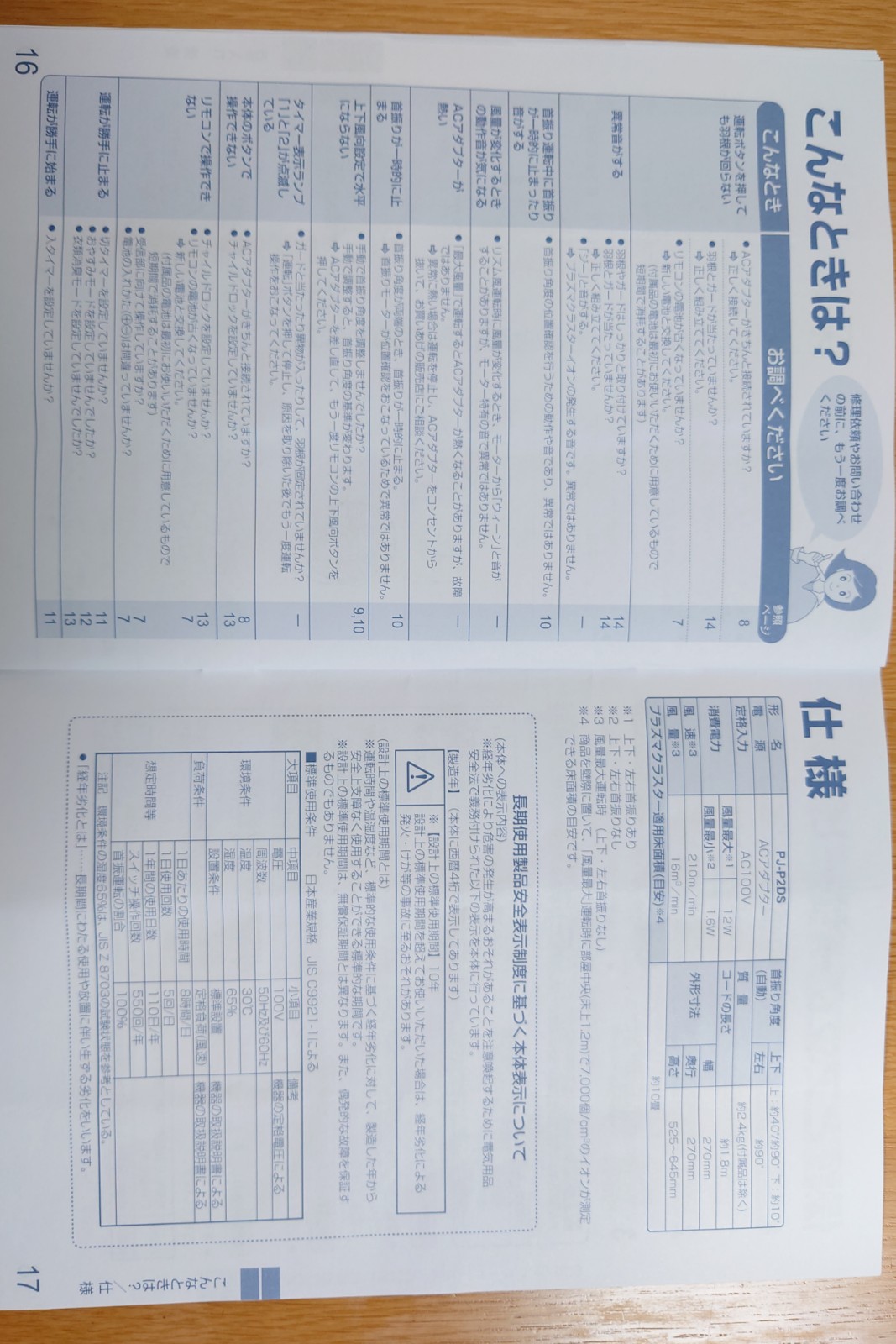 取扱説明書,シャープ製扇風機(PJ-P2DS-W)